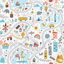 Travel Around The World Play Mat For Children. Baby Land Map Vector Seamless Pattern. Kid Carpet With Cute Doodle Roads, Nature, City, Village, Forest, Sea And Wild Animals