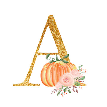 Golden letter A with a composition of bouquets of flowers and pumpkins. A collection for the design of wedding invitations and many other designs ideas. Alphabet.