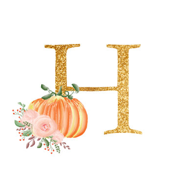 Golden letter H with a composition of bouquets of flowers and pumpkins. A collection for the design of wedding invitations and many other designs ideas. Alphabet.