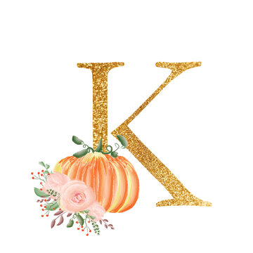 Golden letter K with a composition of bouquets of flowers and pumpkins. A collection for the design of wedding invitations and many other designs ideas. Alphabet.