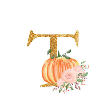 Golden letter T with a composition of bouquets of flowers and pumpkins. A collection for the design of wedding invitations and many other designs ideas. Alphabet.