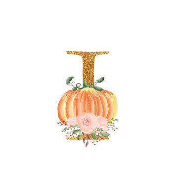 Golden letter I with a composition of bouquets of flowers and pumpkins. A collection for the design of wedding invitations and many other designs ideas. Alphabet.