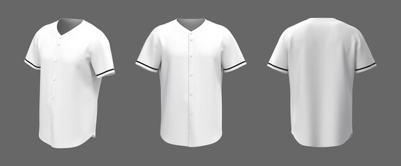 Wall Mural - Baseball t-shirt mockup in front, side and back views, 3d illustration, 3d rendering