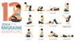 12 Yoga poses or asana posture for workout in migraine warriors concept. Women exercising for body stretching with yoga chair. Fitness infographic. Flat cartoon vector