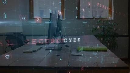 Poster - Animation of cyber attack warning over computers on desk