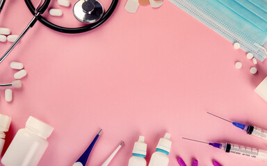 Wall Mural - Collection of equipment medicine on pink background. Medical concept.