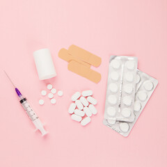 Wall Mural - Collection of equipment medicine on pink background. Medical concept.