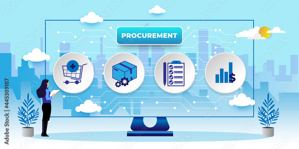 Procurement Process of Purchasing Goods, Procurement Management Industry concept With icons. Cartoon Vector People Illustration