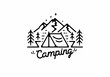 Black line art illustration of camping tent and mountain