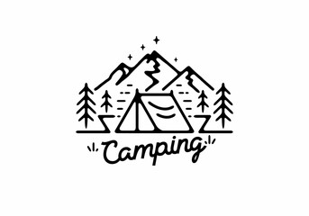 Wall Mural - Black line art illustration of camping tent and mountain