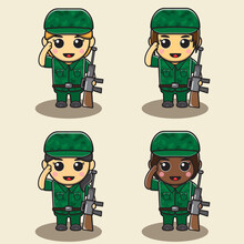 Vector Illustration Of Cute Little Female Soldier Holding Gun. Smiling Little Girls Dressed As Soldier Vector Illustrations.
