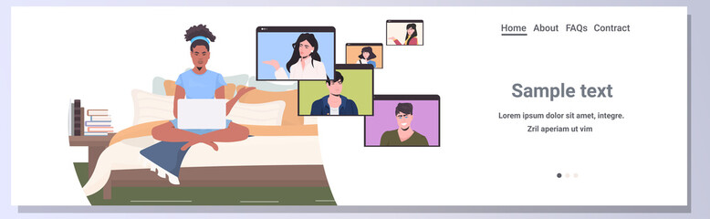 Poster - woman chatting with colleagues in web browser windows during video call online conference remote wor