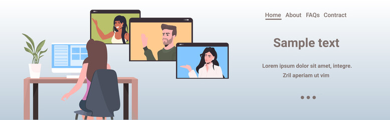 Poster - woman chatting with colleagues in web browser windows during video call online conference meeting re
