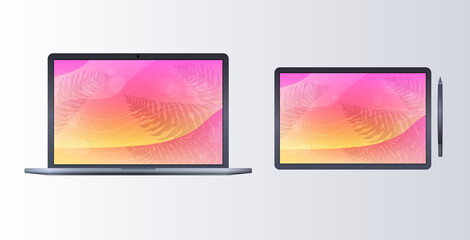 Poster - laptop and tablet with colored screens realistic mockup gadgets and devices concept horizontal