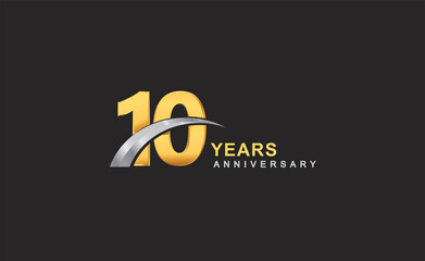 Wall Mural - 10th years anniversary logo with golden ring and silver swoosh isolated on black background, for birthday and anniversary celebration.