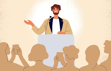 Confident man behind podium during stage speech. Speaker talking before audience. Businessman at successful public speaking. Smiling spokesman before crowd of people. Flat vector illustration