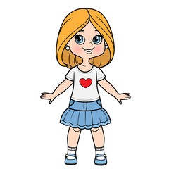 Sticker - Cute cartoon girl dressed in skirt and t-shirt with bob hairstyle color variation for coloring page isolated on white background