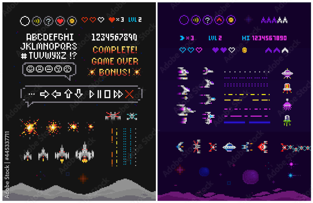 Vektor Pixel Art 8 bit space arcade game level creator set with font ...