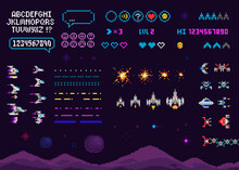 Retro Pixel Art 8 Bit Arcade Game Creator Set With Font Alphabet. Ufo Aliens, Space Ships, Rockets. Vintage 8 Bit Computer Game. Pixelated Space Arcade Template Vector Illustration