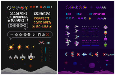 Poster - Pixel Art 8 bit space arcade game level creator set with font alphabet. Ufo aliens, space ships, rockets. Vintage 8 bit computer game. Pixelated Space arcade template vector illustration