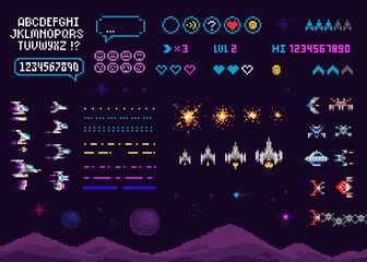 Poster - Retro Pixel Art 8 bit arcade game creator set with font alphabet. Ufo aliens, space ships, rockets. Vintage 8 bit computer game. Pixelated Space arcade template vector illustration