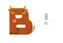 Cute Brown Bull Holding A Flower In His Mouth. Bull In The Form Of A Letter - B..children's Alphabet. Poster, Postcard.