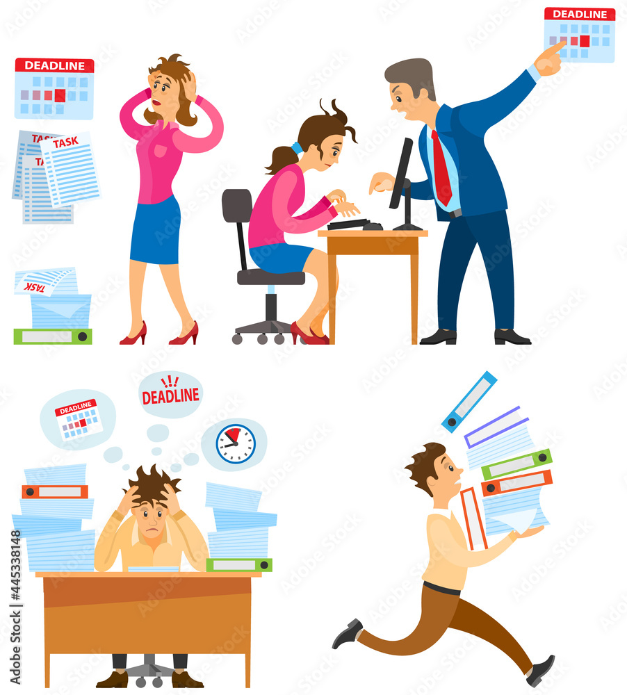 Missing deadline, bad time management. Work in high stress conditions and under hard boss pressure. Scene of tired, nervous, stressed people clutches head at work, many tasks. Deadline metaphors - obrazy, fototapety, plakaty 