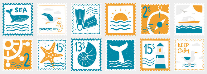 Sea post stamp set. Whale, seagulls, flippers, seascape, compass, yacht, steering wheel, starfish, shell, whale tail and lighthouse. Vector flat hand drawn illustration