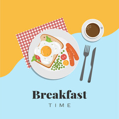 Breakfast with egg, salad, tomatoes, green peas and sausages. Healthy eating, nutrition, diet, cooking, breakfast menu, fresh food concept. Vector illustration for banner, flyer, poster, menu.