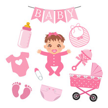 Cute Baby Girl Elements Collection. Flat Vector Cartoon Design