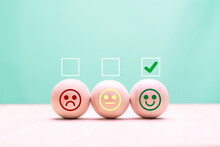 Check Mark On Happy Smiley Face In Wooden Circle For Feedback Rating And Positive Customer Review And World Mental Health Day