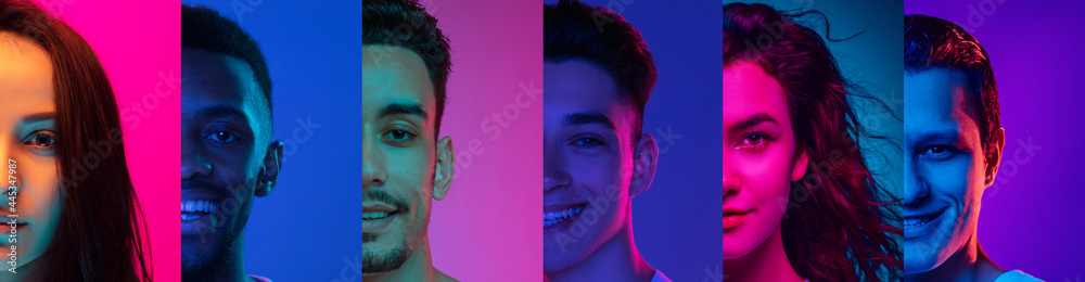 Cropped portraits of group of people on multicolored background in neon light, collage. - obrazy, fototapety, plakaty 