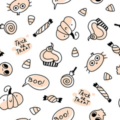 Wall Mural - Cute holidays seamless halloween pattern in simple hand drawn childish cartoon doodle style. One line on a pastel background. Ideal for baby textiles, clothing.