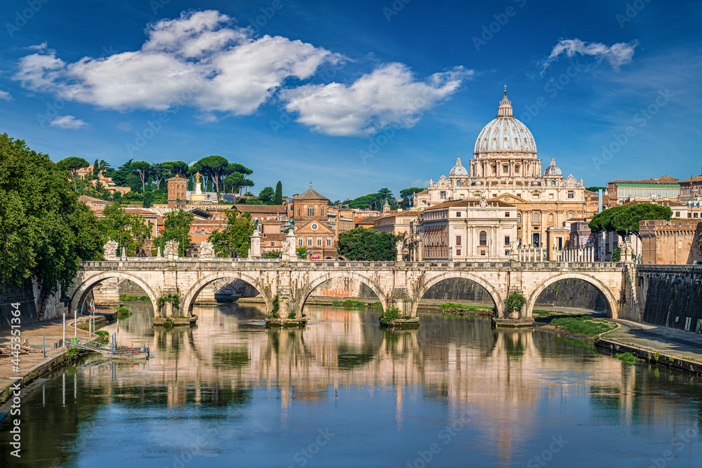 Basilica St Peter and the Tiber river in Rome, Italy - obrazy, fototapety, plakaty 