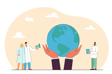 Wall Mural - Doctors with megaphone next to huge hands holding Earth. Medical professionals making announcement flat vector illustration. World health day, healthcare concept for banner, website design