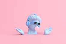 Minimal Scene Of Sunglasses And Headphone On Human Head Sculpture, Music Concept, 3d Rendering.