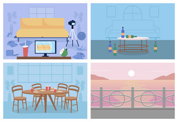 Poster - Unhealthy lifestyle environment flat color vector illustration set. Messy home. Table with junk food. Different 2D cartoon indoor and outdoor with decoration on background collection