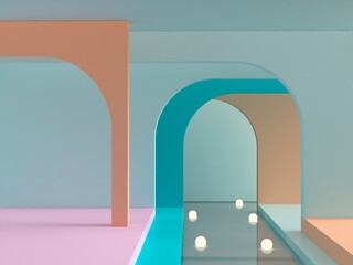 Wall Mural - 3d render. Abstract cosmetic background. Show a product. Empty scene with arches, water and spherical lights  in the floor. Pastel colors minimal wall. Fashion showcase, display case, shopfront.