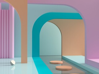 Wall Mural - 3d render. Abstract cosmetic background. Show a product. Empty scene with arches, water and spherical lights  in the floor. Pastel colors minimal wall. Fashion showcase, display case, shopfront.