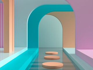Aufkleber - 3d render. Abstract cosmetic background. Show a product. Empty scene with arches, water and spherical lights  in the floor. Pastel colors minimal wall. Fashion showcase, display case, shopfront.