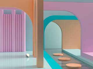 Wall Mural - 3d render. Abstract cosmetic background. Show a product. Empty scene with arches, water and spherical lights  in the floor. Pastel colors minimal wall. Fashion showcase, display case, shopfront.