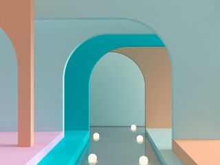 Aufkleber - 3d render. Abstract cosmetic background. Show a product. Empty scene with arches, water and spherical lights  in the floor. Pastel colors minimal wall. Fashion showcase, display case, shopfront.