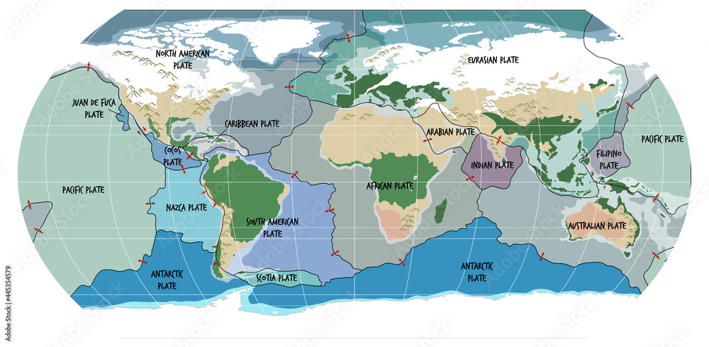 World Map Showing Tectonic Plates Boundaries Stock Vector | Adobe Stock