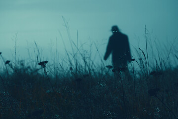 A horror concept. Looking up through grass in a field at a scary supernatural entity with glowing eyes. On a moody evening.