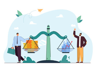 Fototapete - Businessman and investor next to money and graphs on scales. Men balancing coins and profit flat vector illustration. Investment, finances, economy concept for banner, website design or landing page
