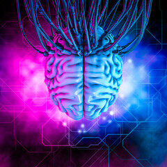 Wall Mural - hardwired virtual reality human brain / 3d illustration of science fiction cyberpunk artificial inte