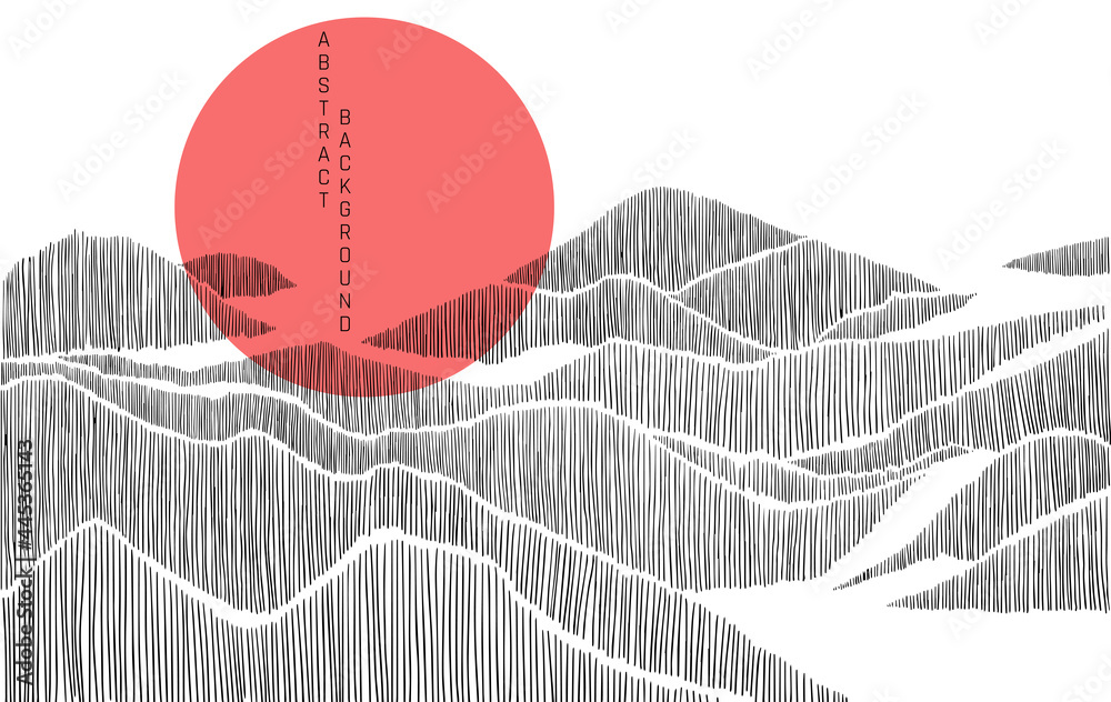 minimalist lines landscape background in asian style in black colours with red circle on background - obrazy, fototapety, plakaty 
