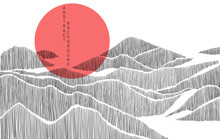 Minimalist Lines Landscape Background In Asian Style In Black Colours With Red Circle On Background