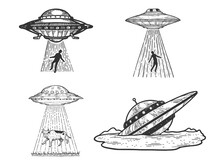 UFO Flying Saucer Kidnaps Human Person Set Collection Line Art Sketch Engraving Vector Illustration. Scratch Board Style Imitation. Black And White Hand Drawn Image.