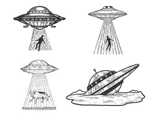 Poster - UFO Flying saucer kidnaps human person set collection line art sketch engraving vector illustration. Scratch board style imitation. Black and white hand drawn image.